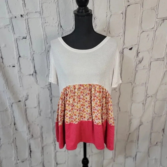 STRETCHY Pink and White Ribbed Floral Color Block Short Sleeve Baby‎ Doll Top L - Picture 1 of 9